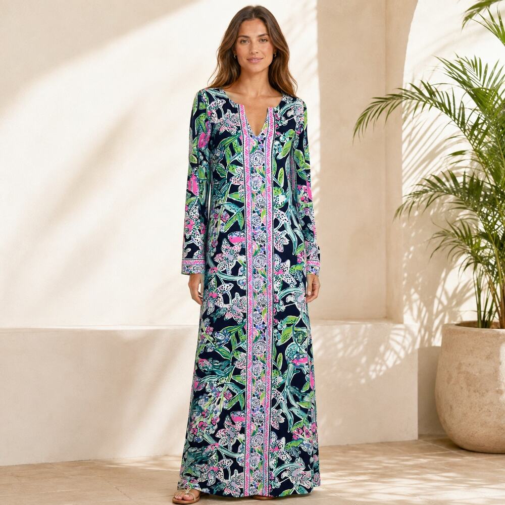 Lilly Pulitzer Navy Tropical Floral Long Sleeve Maxi Dress S Stretch
